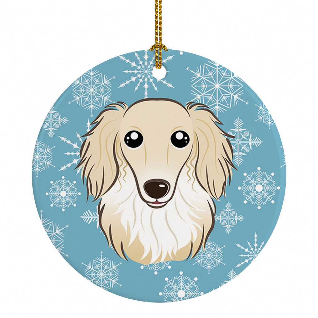 Snowflake Longhair Creme Dachshund Ceramic Ornament Christmas Tree Hanging Decorations for Home Christmas Holiday, Party, Gift, 3 in, Multicolor