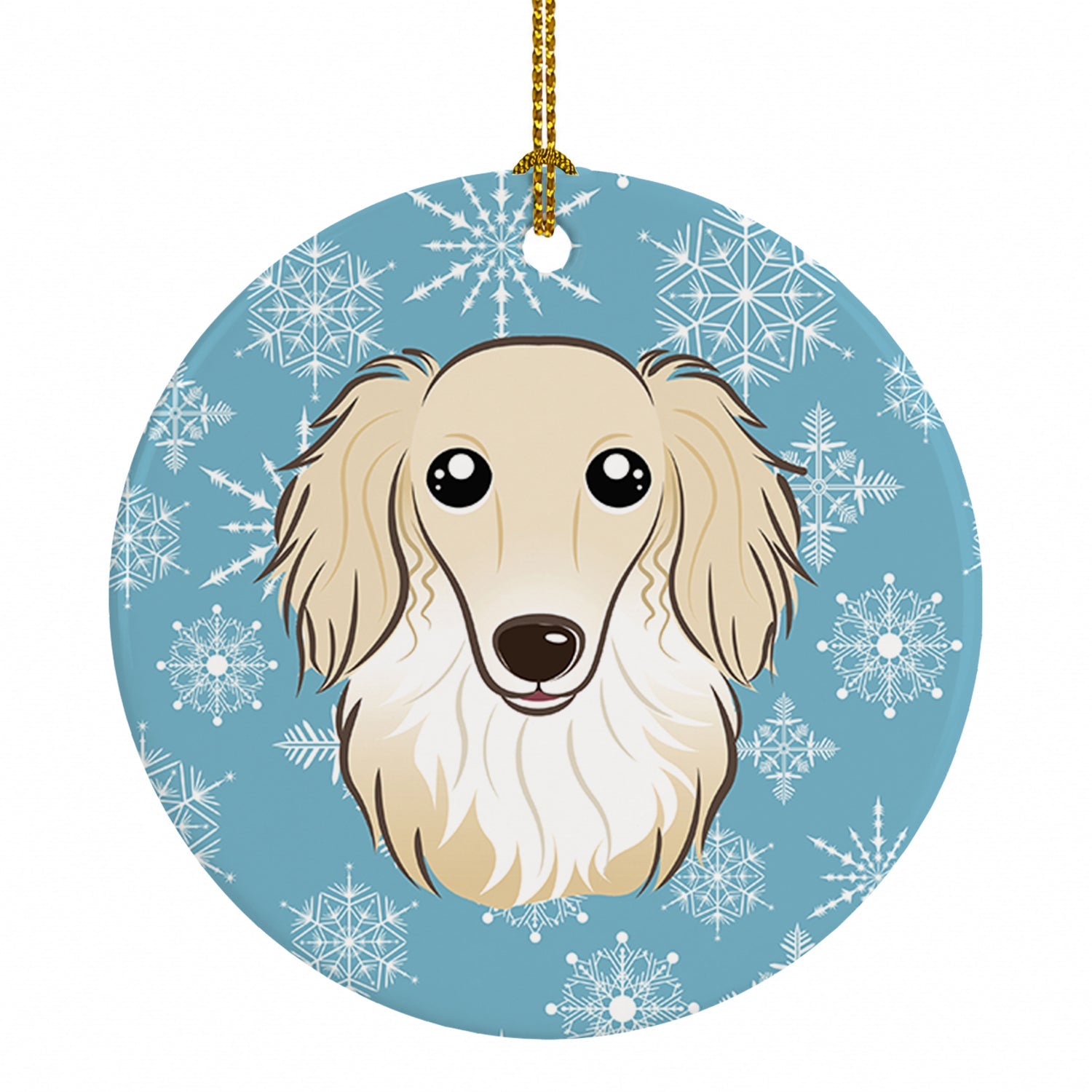 Snowflake Longhair Creme Dachshund Ceramic Ornament Christmas Tree Hanging Decorations for Home Christmas Holiday, Party, Gift, 3 in, Multicolor