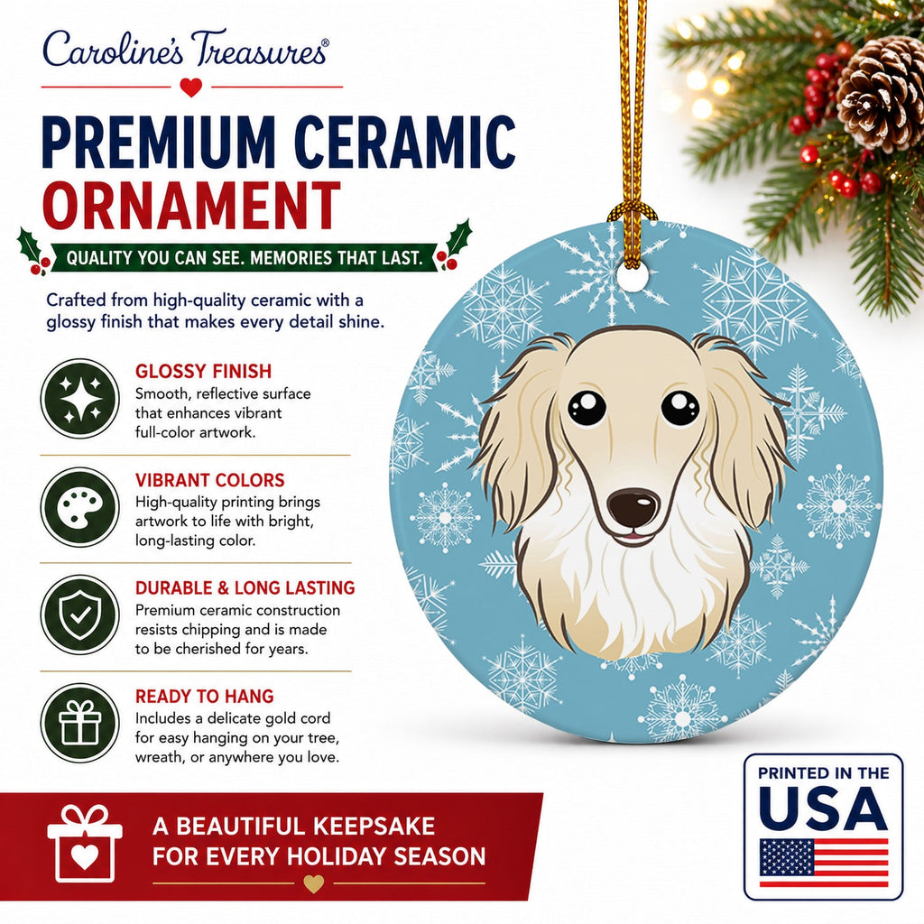 Snowflake Longhair Creme Dachshund Ceramic Ornament Christmas Tree Hanging Decorations for Home Christmas Holiday, Party, Gift, 3 in, Multicolor