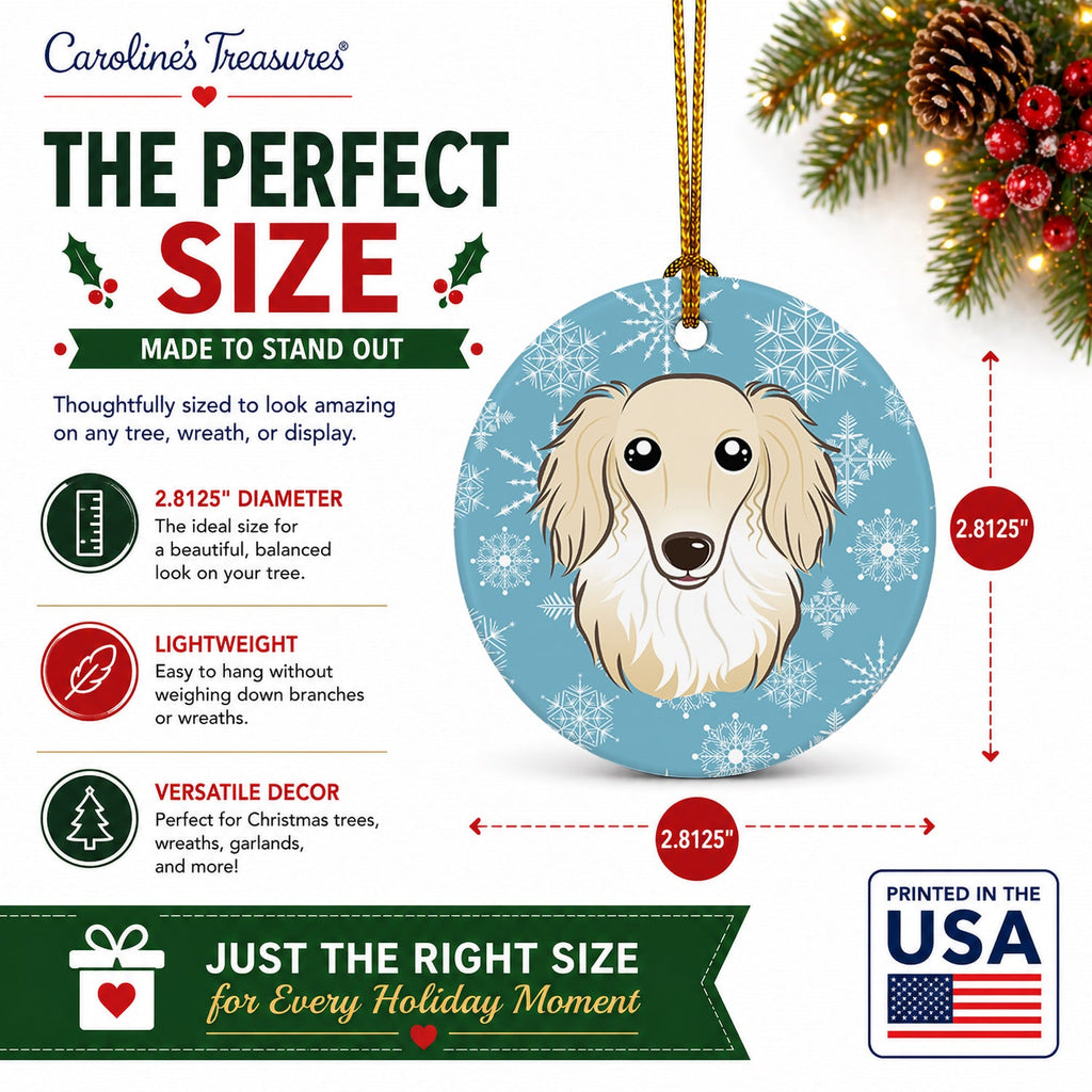 Snowflake Longhair Creme Dachshund Ceramic Ornament Christmas Tree Hanging Decorations for Home Christmas Holiday, Party, Gift, 3 in, Multicolor