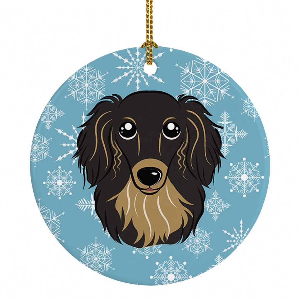 Snowflake Longhair Black and Tan Dachshund Ceramic Ornament Christmas Tree Hanging Decorations for Home Christmas Holiday, Party, Gift, 3 in, Multicolor