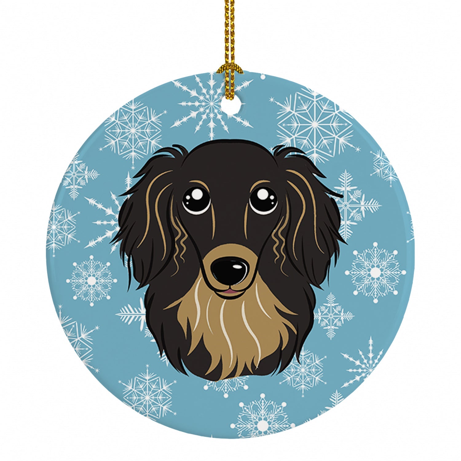 Snowflake Longhair Black and Tan Dachshund Ceramic Ornament Christmas Tree Hanging Decorations for Home Christmas Holiday, Party, Gift, 3 in, Multicolor