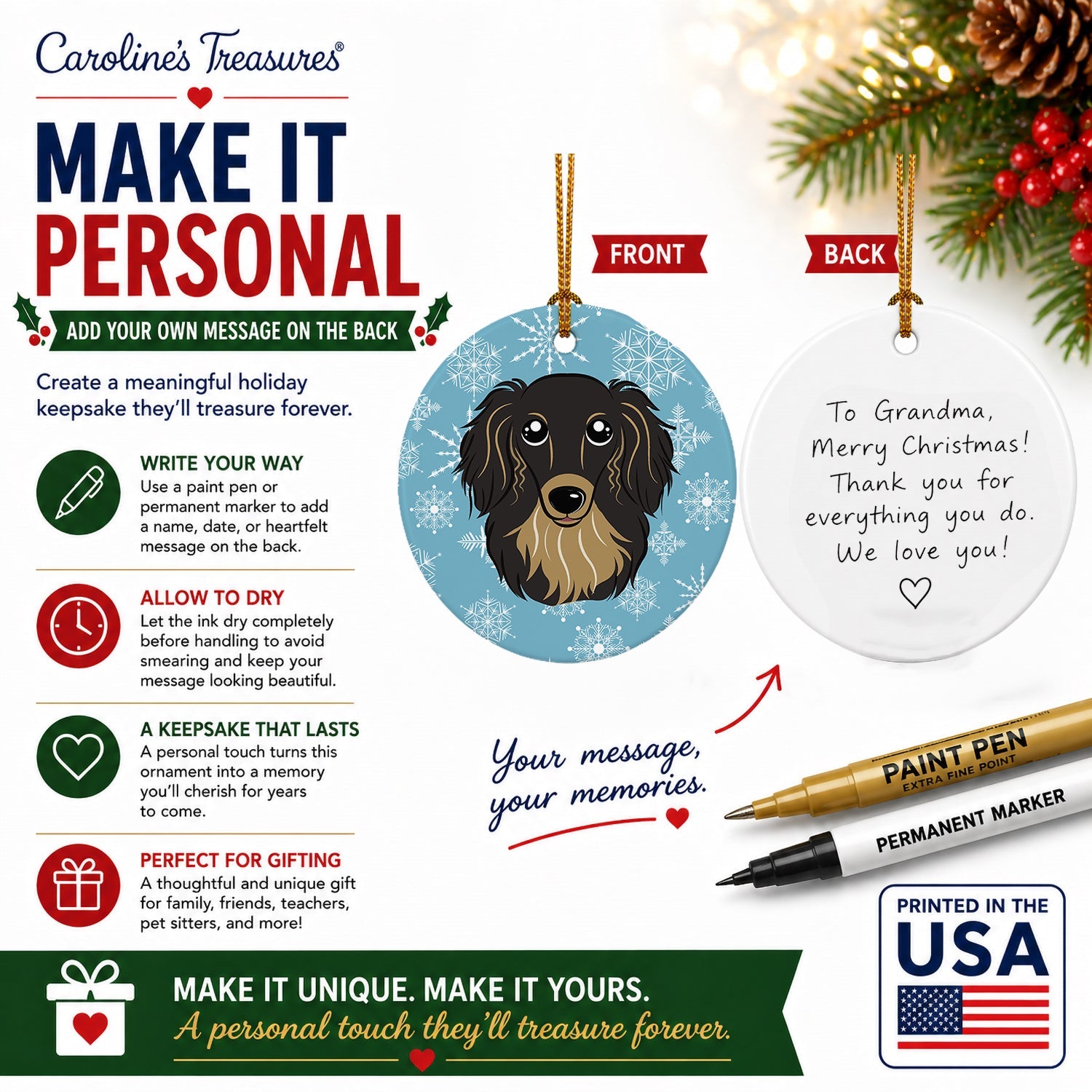 Snowflake Longhair Black and Tan Dachshund Ceramic Ornament Christmas Tree Hanging Decorations for Home Christmas Holiday, Party, Gift, 3 in, Multicolor