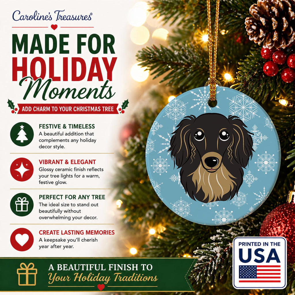 Snowflake Longhair Black and Tan Dachshund Ceramic Ornament Christmas Tree Hanging Decorations for Home Christmas Holiday, Party, Gift, 3 in, Multicolor