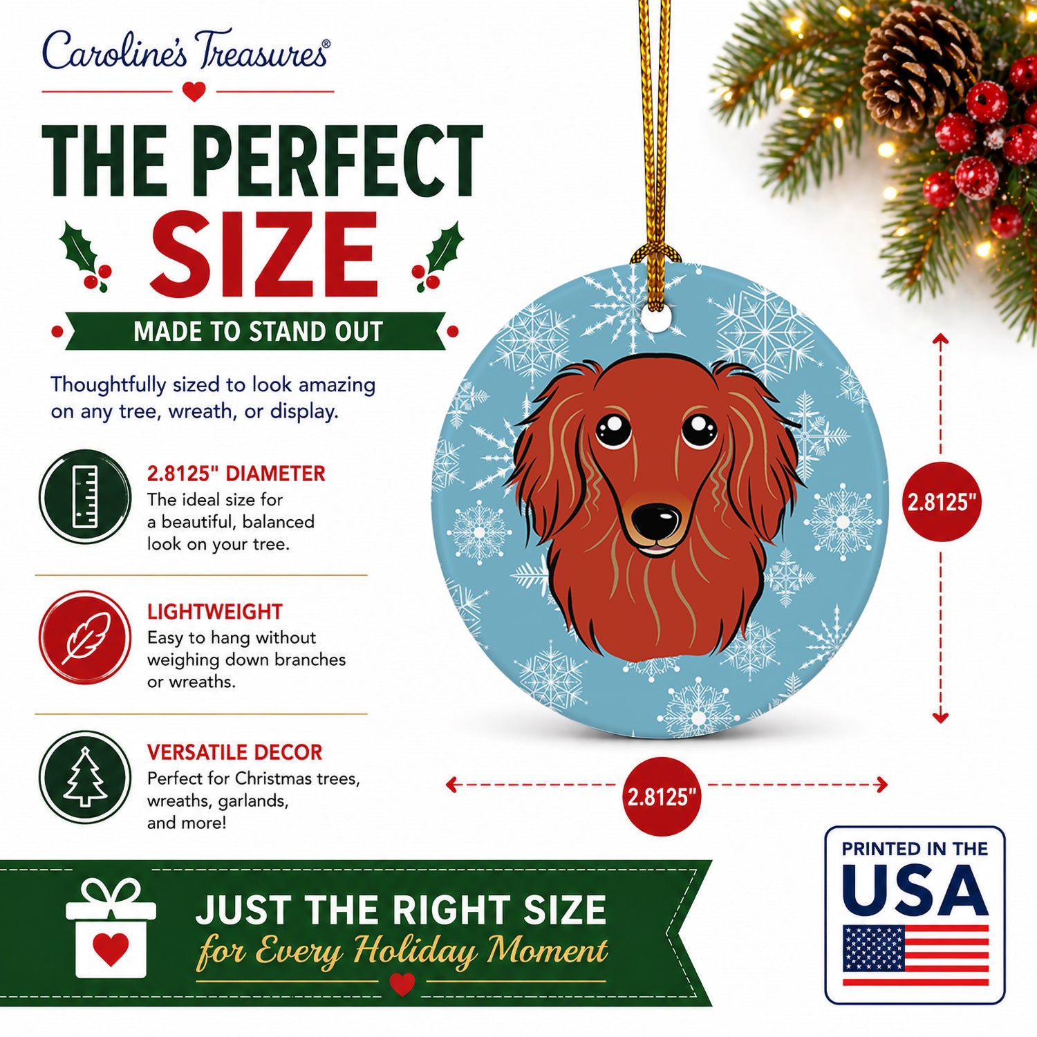 Snowflake Longhair Red Dachshund Ceramic Ornament Christmas Tree Hanging Decorations for Home Christmas Holiday, Party, Gift, 3 in, Multicolor