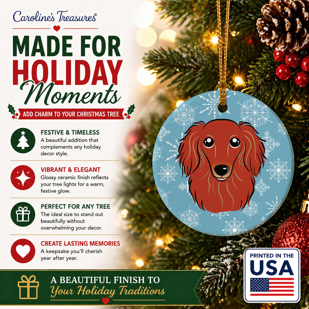 Snowflake Longhair Red Dachshund Ceramic Ornament Christmas Tree Hanging Decorations for Home Christmas Holiday, Party, Gift, 3 in, Multicolor