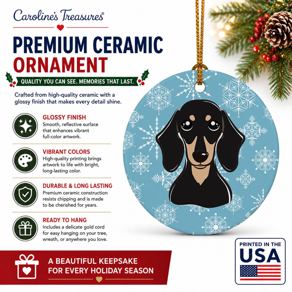 Snowflake Smooth Black and Tan Dachshund Ceramic Ornament Christmas Tree Hanging Decorations for Home Christmas Holiday, Party, Gift, 3 in, Multicolor