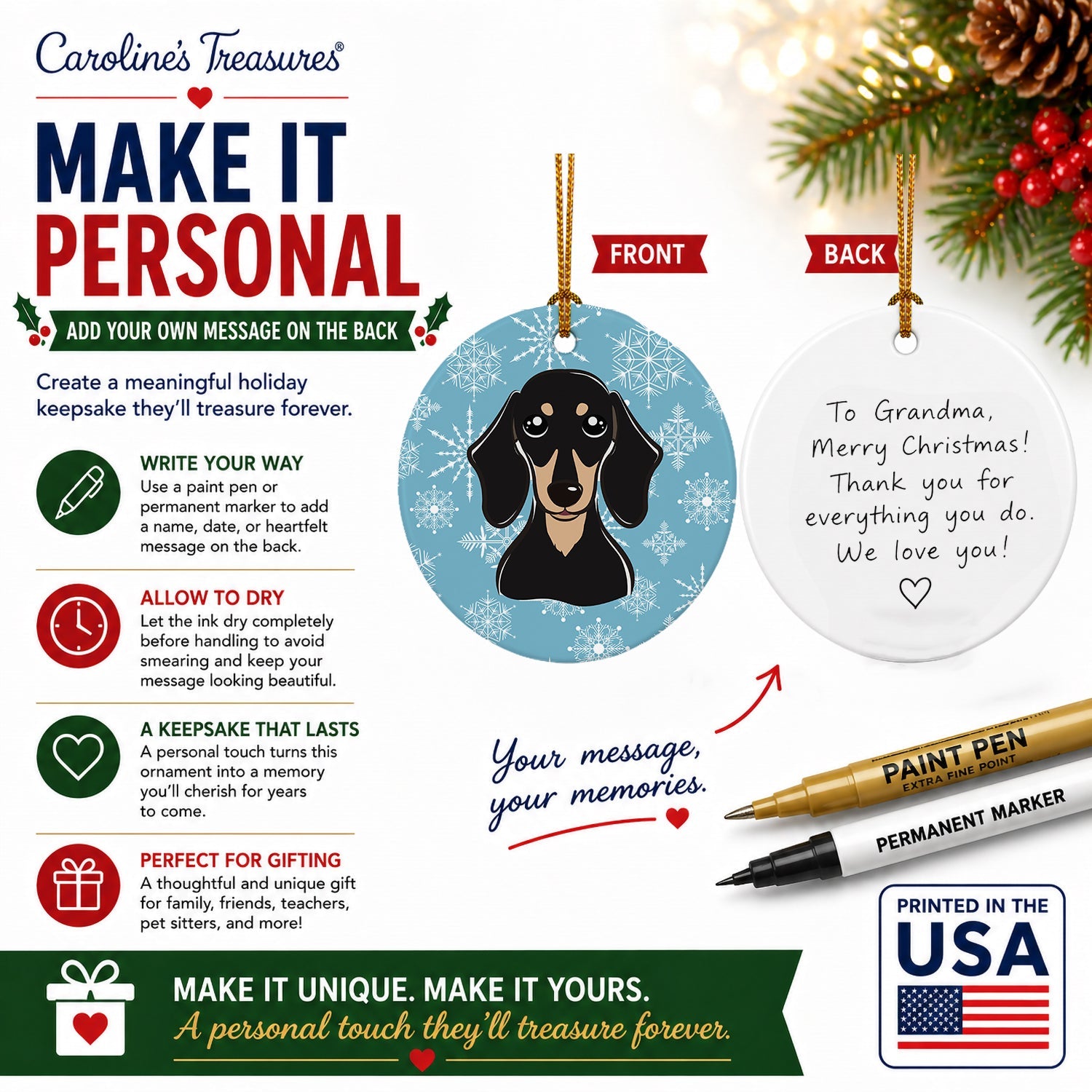 Snowflake Smooth Black and Tan Dachshund Ceramic Ornament Christmas Tree Hanging Decorations for Home Christmas Holiday, Party, Gift, 3 in, Multicolor