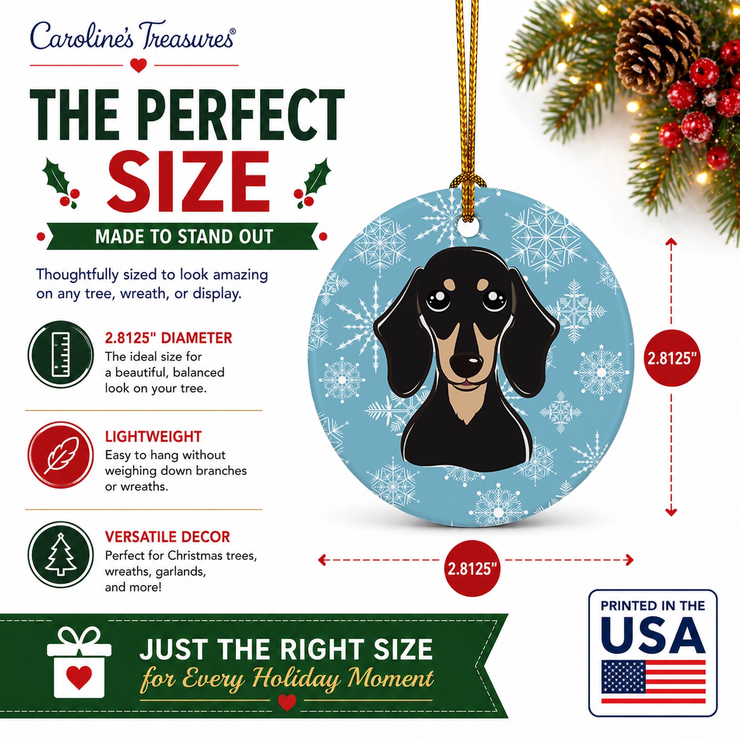 Snowflake Smooth Black and Tan Dachshund Ceramic Ornament Christmas Tree Hanging Decorations for Home Christmas Holiday, Party, Gift, 3 in, Multicolor