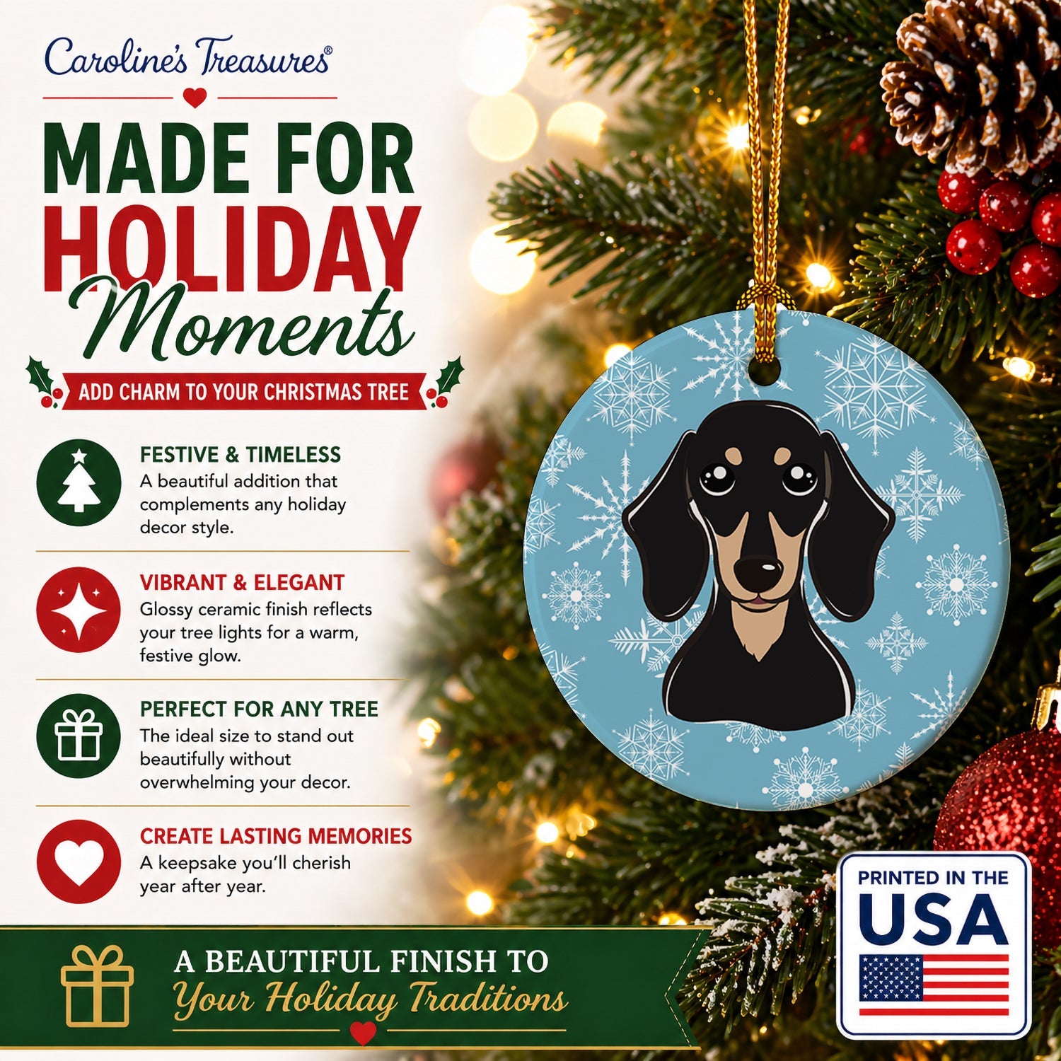 Snowflake Smooth Black and Tan Dachshund Ceramic Ornament Christmas Tree Hanging Decorations for Home Christmas Holiday, Party, Gift, 3 in, Multicolor