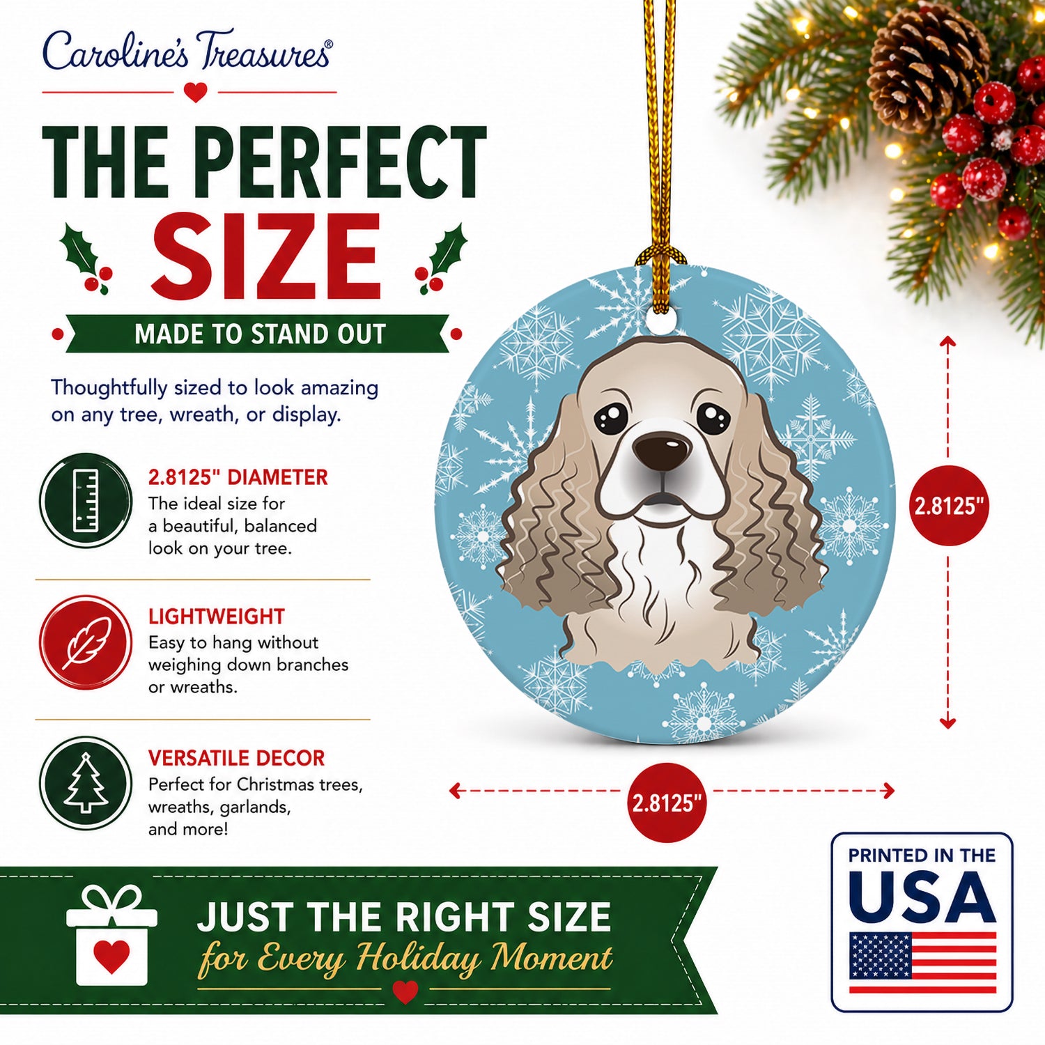 Snowflake Cocker Spaniel Ceramic Ornament Christmas Tree Hanging Decorations for Home Christmas Holiday, Party, Gift, 3 in, Multicolor