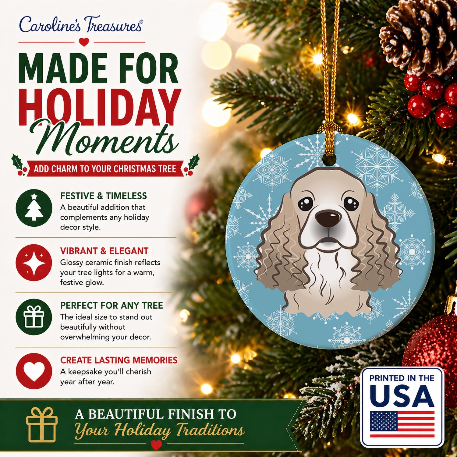 Snowflake Cocker Spaniel Ceramic Ornament Christmas Tree Hanging Decorations for Home Christmas Holiday, Party, Gift, 3 in, Multicolor