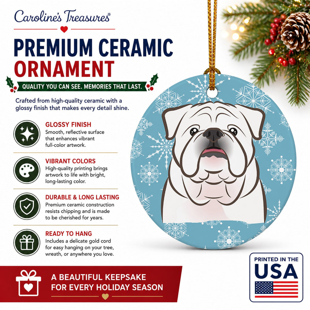Snowflake White English Bulldog  Ceramic Ornament Christmas Tree Hanging Decorations for Home Christmas Holiday, Party, Gift, 3 in, Multicolor