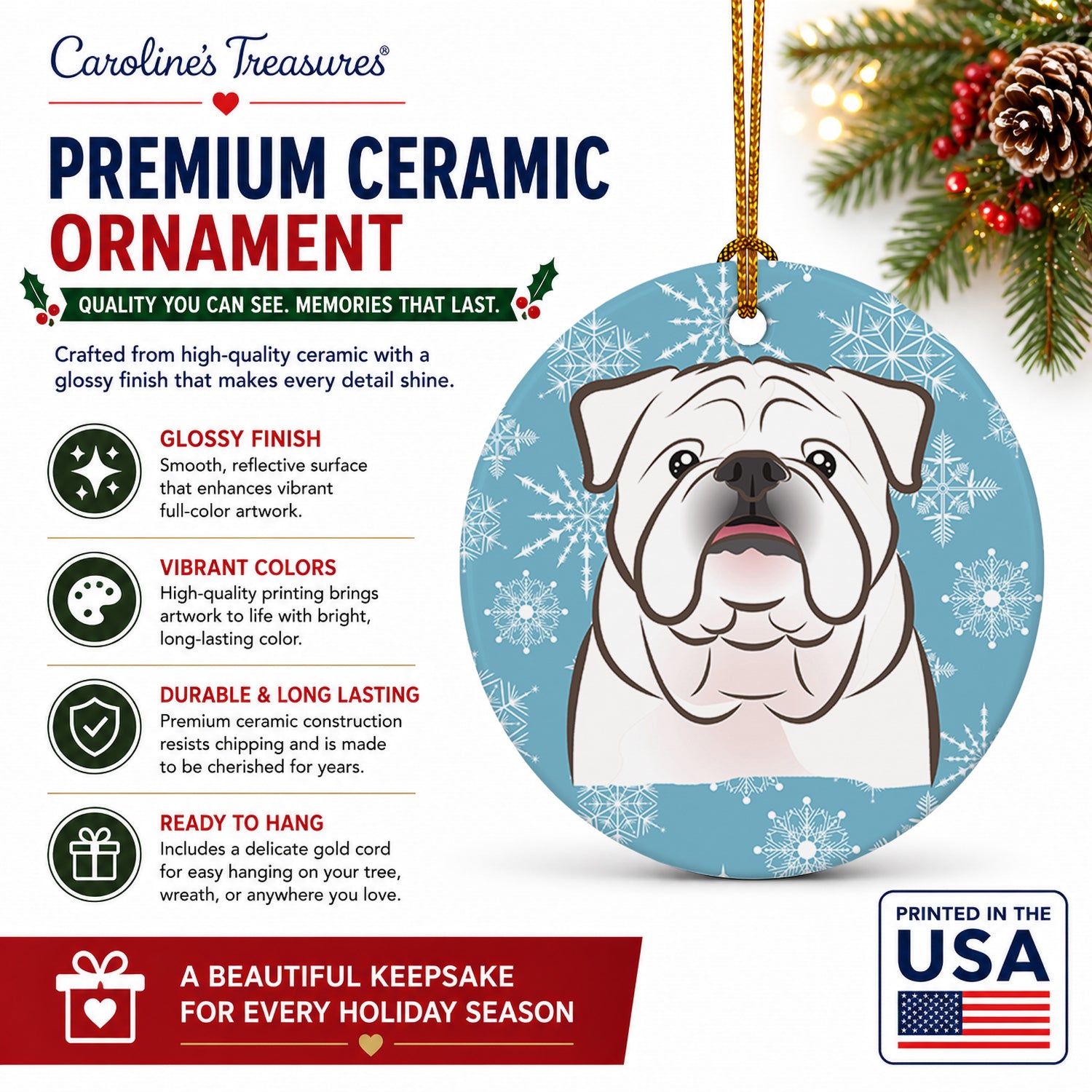 Snowflake White English Bulldog  Ceramic Ornament Christmas Tree Hanging Decorations for Home Christmas Holiday, Party, Gift, 3 in, Multicolor