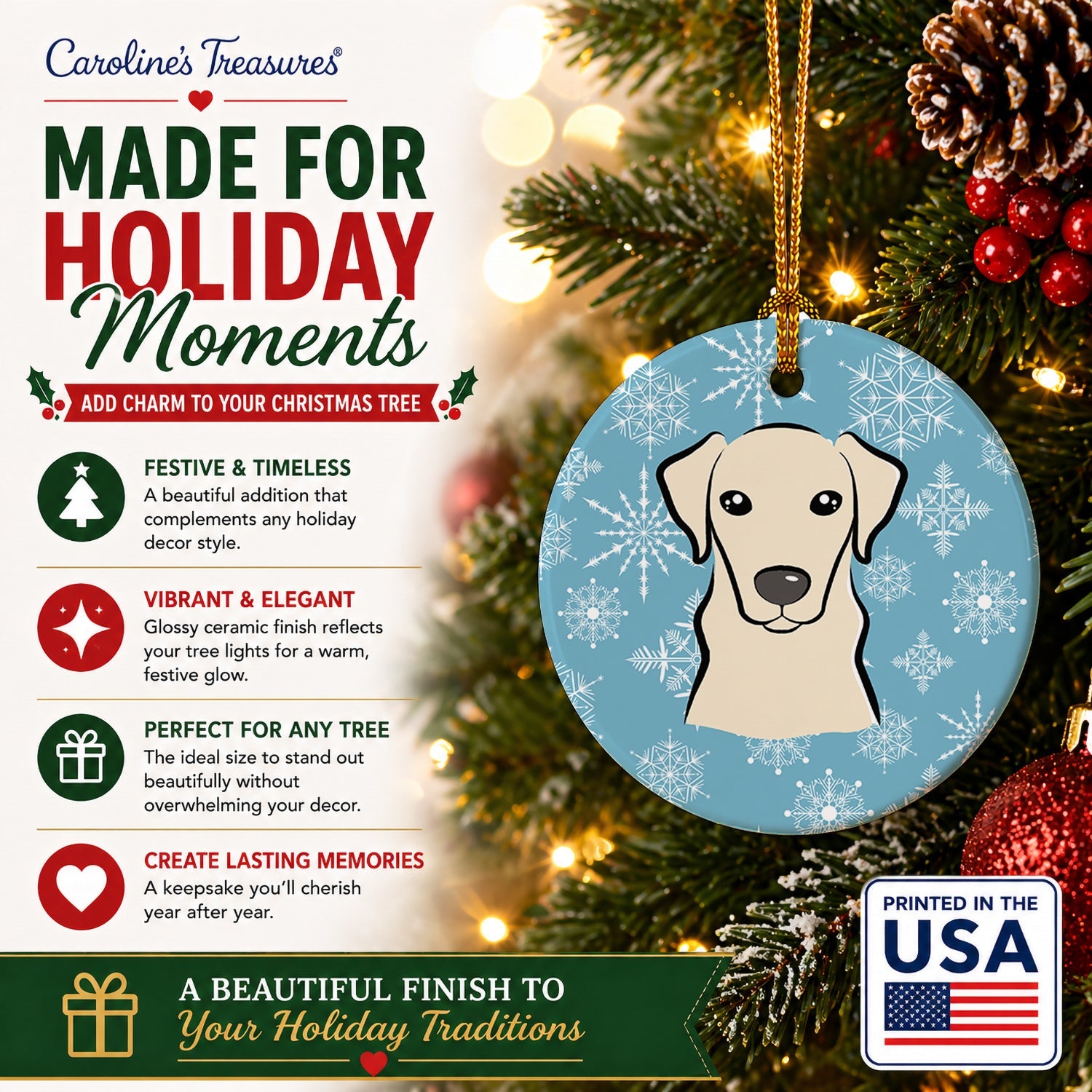 Snowflake Yellow Labrador Ceramic Ornament Christmas Tree Hanging Decorations for Home Christmas Holiday, Party, Gift, 3 in, Multicolor