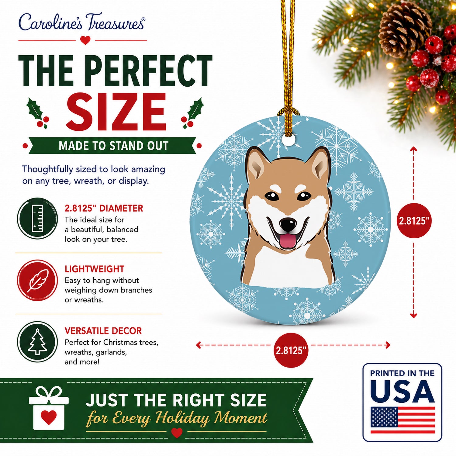 Snowflake Shiba Inu Ceramic Ornament Christmas Tree Hanging Decorations for Home Christmas Holiday, Party, Gift, 3 in, Multicolor
