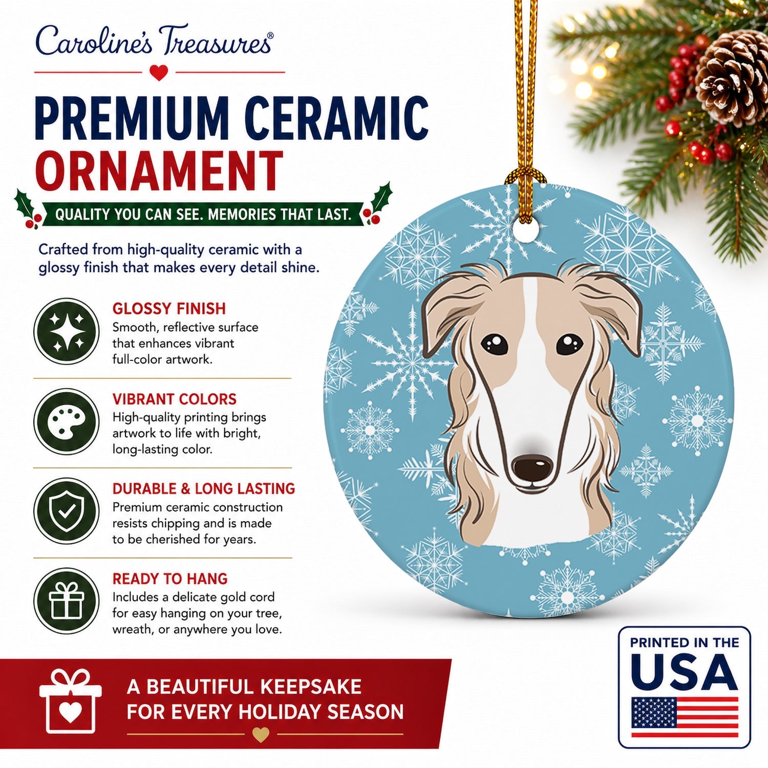 Snowflake Borzoi Ceramic Ornament Christmas Tree Hanging Decorations for Home Christmas Holiday, Party, Gift, 3 in, Multicolor