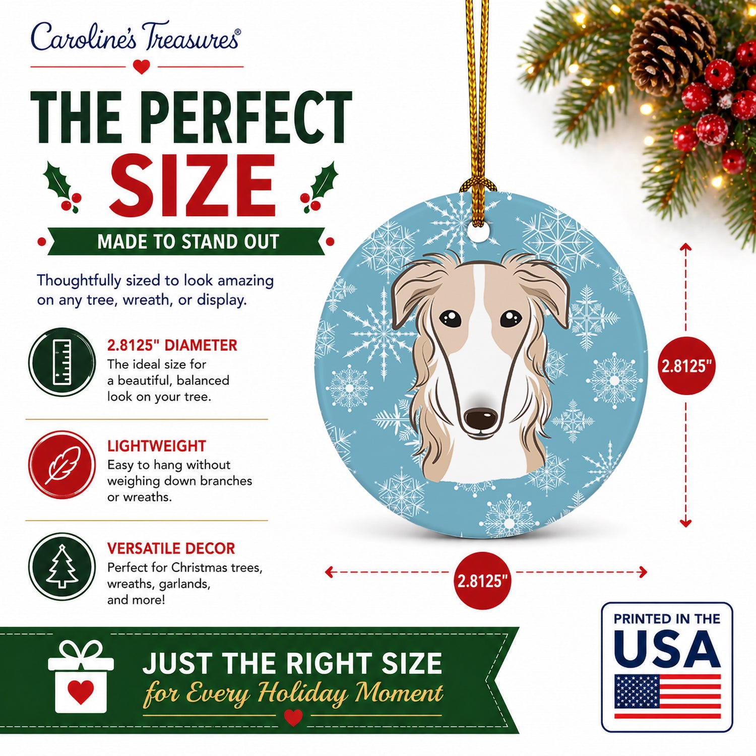 Snowflake Borzoi Ceramic Ornament Christmas Tree Hanging Decorations for Home Christmas Holiday, Party, Gift, 3 in, Multicolor