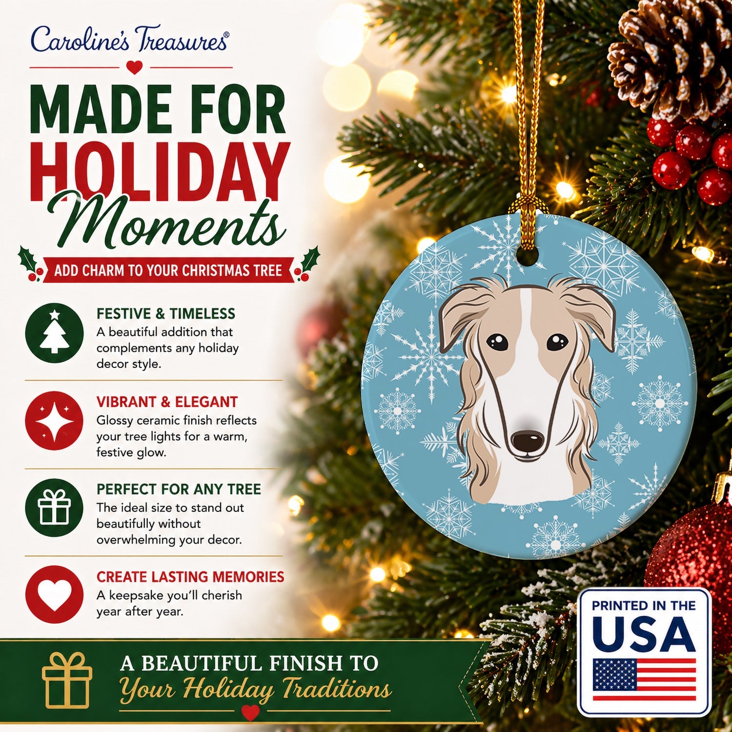 Snowflake Borzoi Ceramic Ornament Christmas Tree Hanging Decorations for Home Christmas Holiday, Party, Gift, 3 in, Multicolor