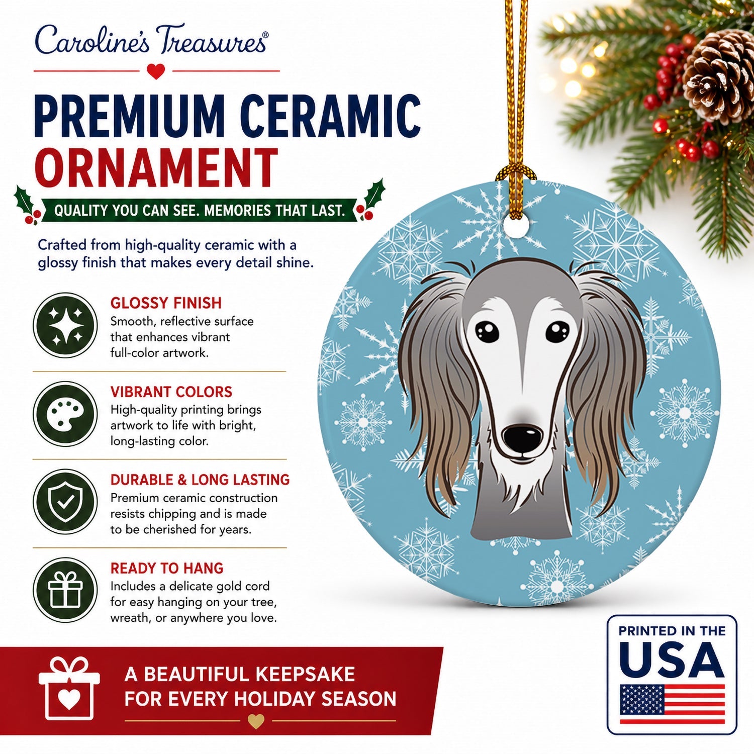 Snowflake Saluki Ceramic Ornament Christmas Tree Hanging Decorations for Home Christmas Holiday, Party, Gift, 3 in, Multicolor