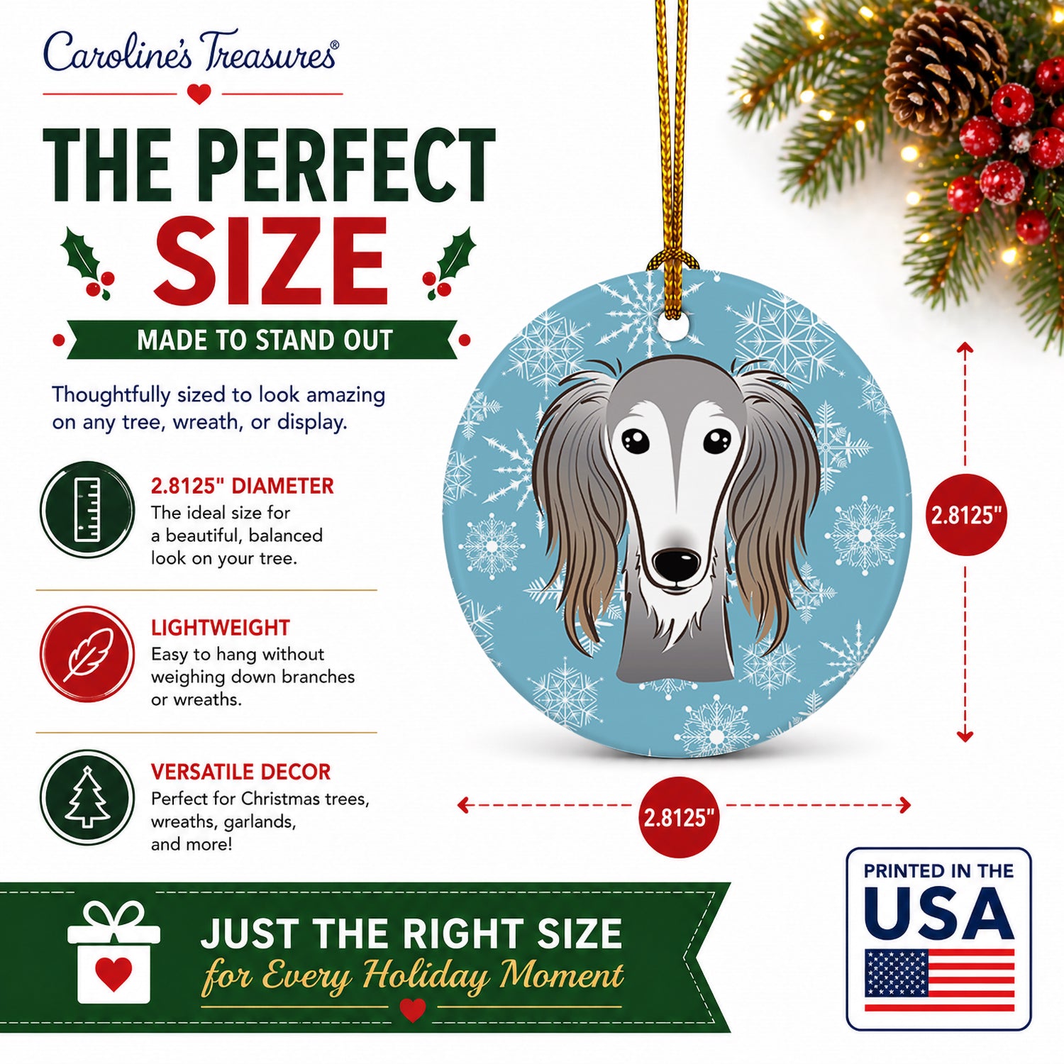Snowflake Saluki Ceramic Ornament Christmas Tree Hanging Decorations for Home Christmas Holiday, Party, Gift, 3 in, Multicolor