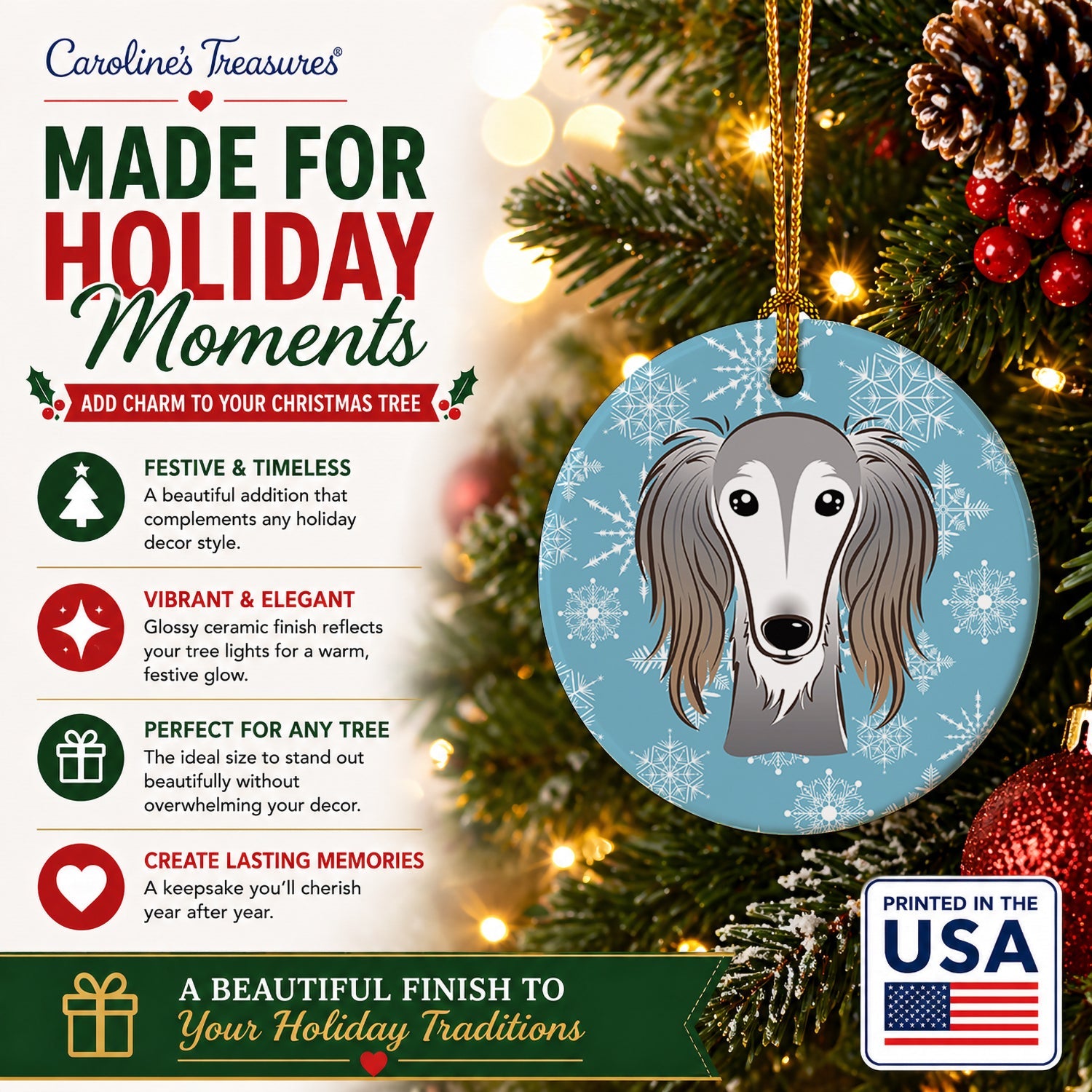 Snowflake Saluki Ceramic Ornament Christmas Tree Hanging Decorations for Home Christmas Holiday, Party, Gift, 3 in, Multicolor