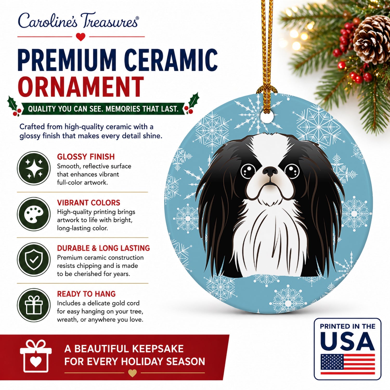 Snowflake Japanese Chin Ceramic Ornament Christmas Tree Hanging Decorations for Home Christmas Holiday, Party, Gift, 3 in, Multicolor