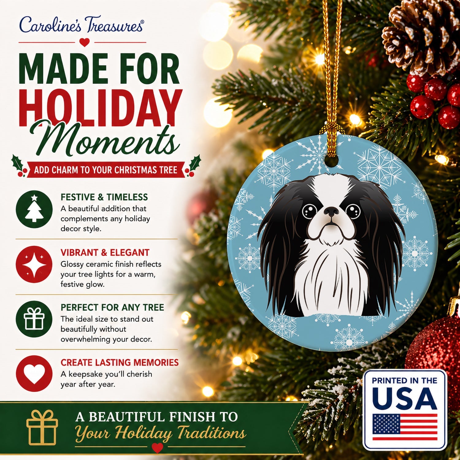 Snowflake Japanese Chin Ceramic Ornament Christmas Tree Hanging Decorations for Home Christmas Holiday, Party, Gift, 3 in, Multicolor