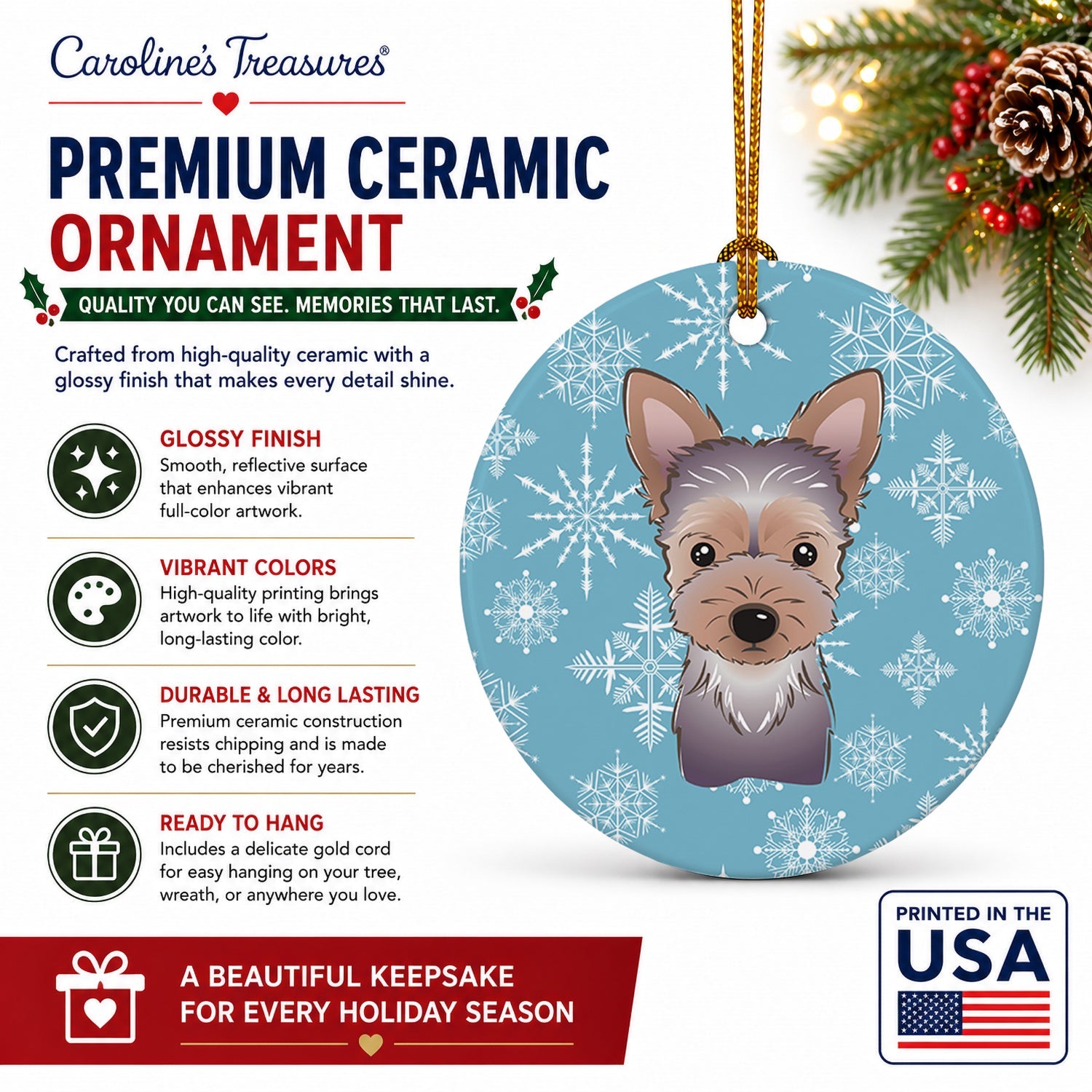 Snowflake Yorkie Puppy Ceramic Ornament Christmas Tree Hanging Decorations for Home Christmas Holiday, Party, Gift, 3 in, Multicolor