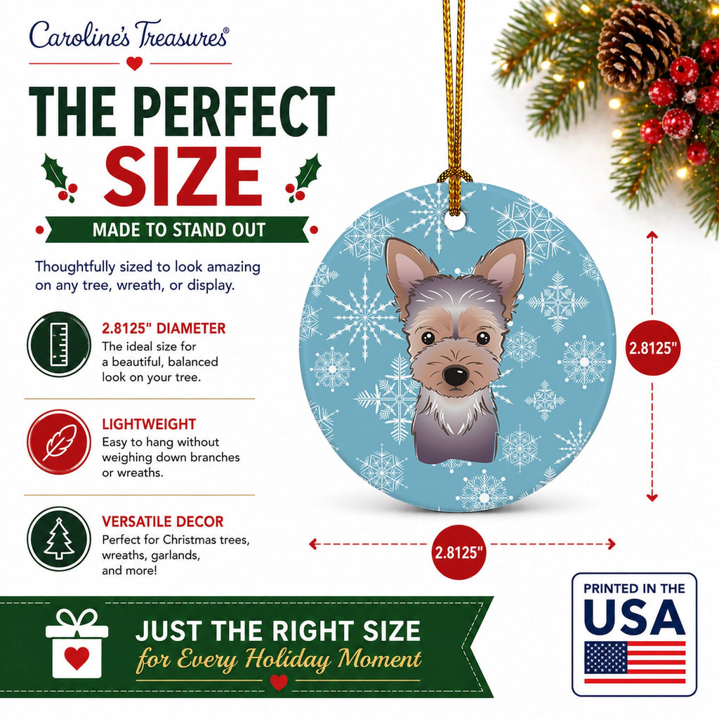Snowflake Yorkie Puppy Ceramic Ornament Christmas Tree Hanging Decorations for Home Christmas Holiday, Party, Gift, 3 in, Multicolor