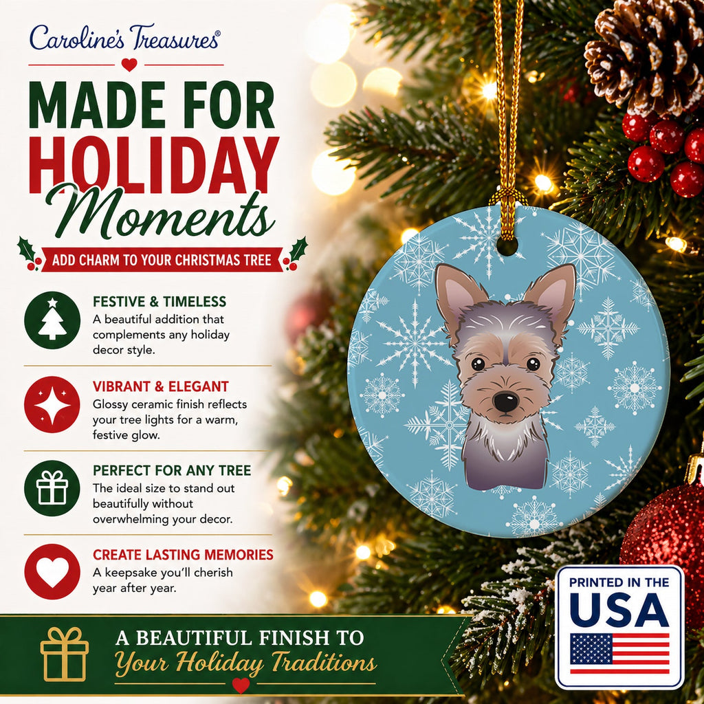 Snowflake Yorkie Puppy Ceramic Ornament Christmas Tree Hanging Decorations for Home Christmas Holiday, Party, Gift, 3 in, Multicolor