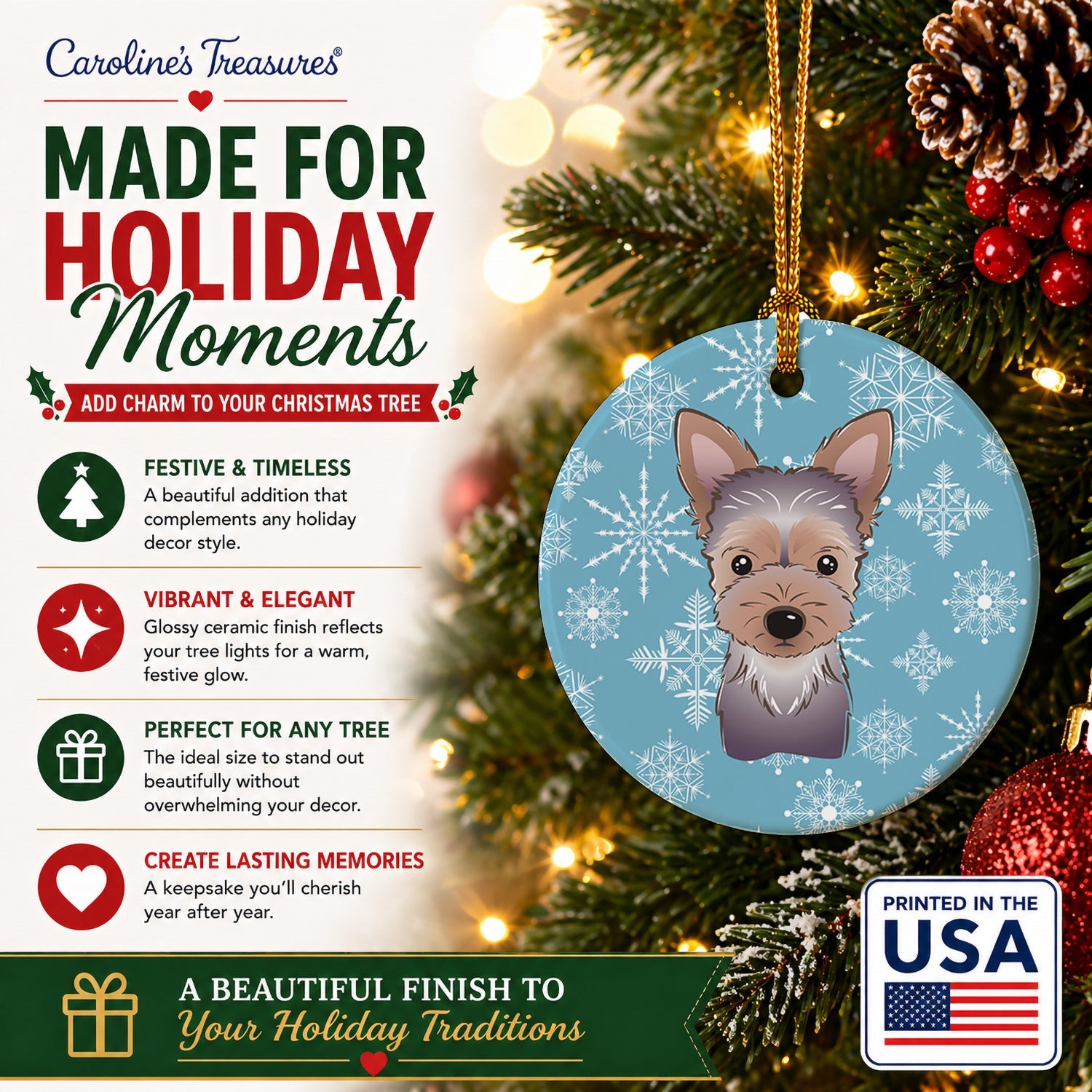 Snowflake Yorkie Puppy Ceramic Ornament Christmas Tree Hanging Decorations for Home Christmas Holiday, Party, Gift, 3 in, Multicolor