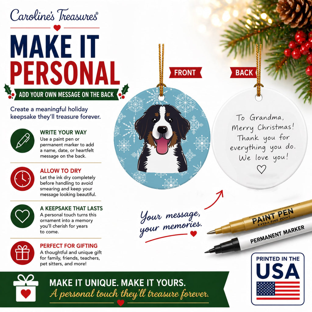 Snowflake Bernese Mountain Dog Ceramic Ornament Christmas Tree Hanging Decorations for Home Christmas Holiday, Party, Gift, 3 in, Multicolor