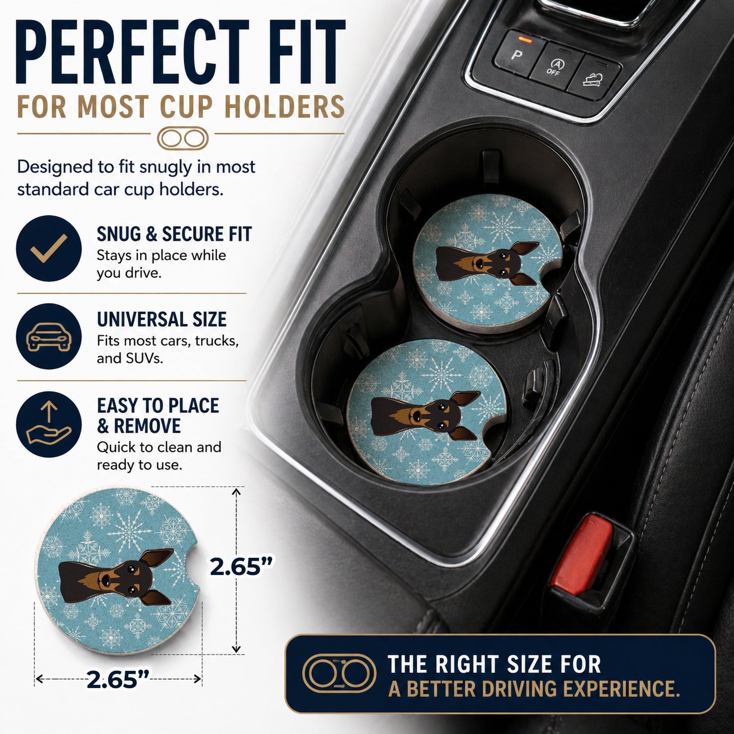 Snowflake Min Pin Set of 2 Cup Holder Car Coasters Absorbent Round Sandstone Coasters Gifts for Men or Women, 2.5, Multicolor