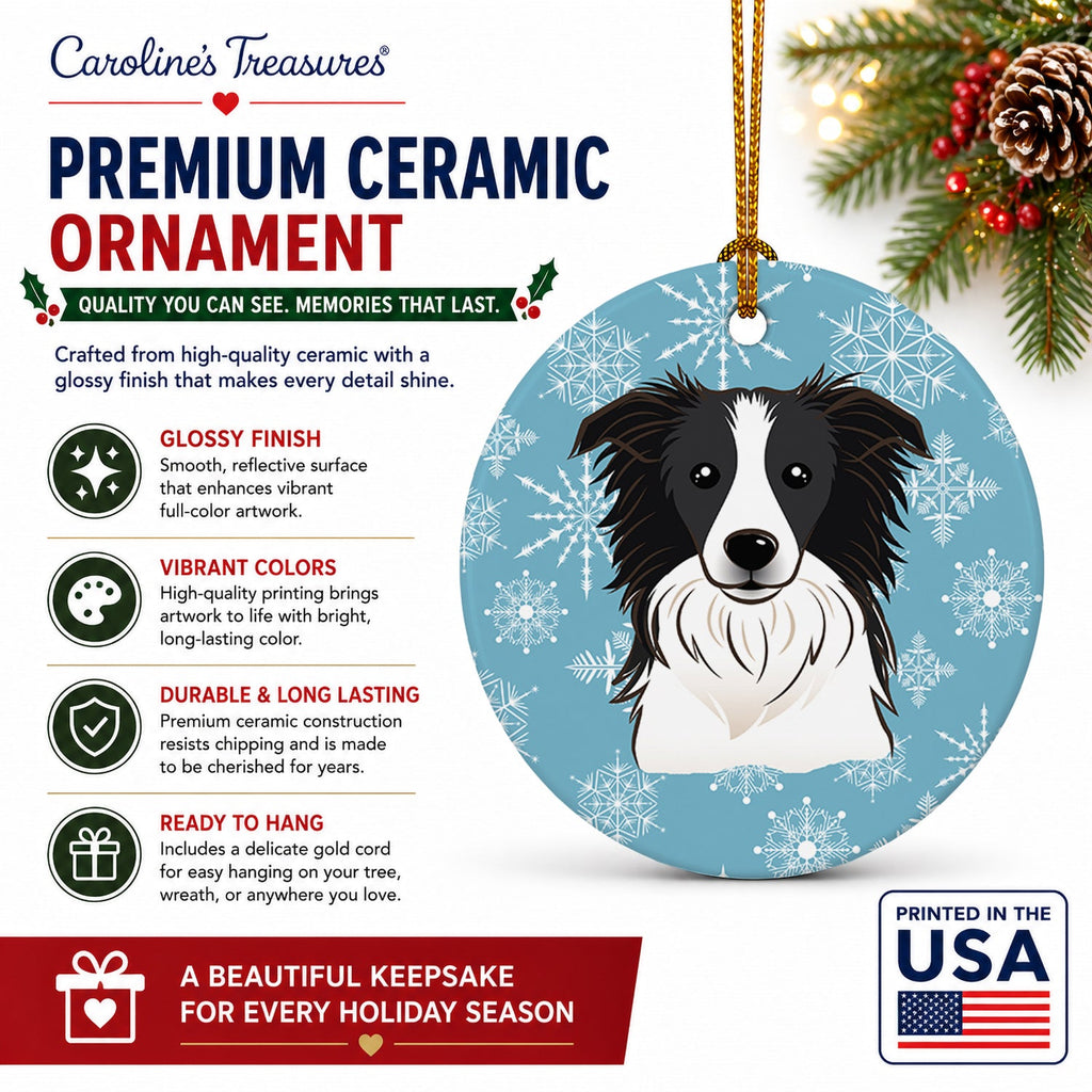 Snowflake Border Collie Ceramic Ornament Christmas Tree Hanging Decorations for Home Christmas Holiday, Party, Gift, 3 in, Multicolor
