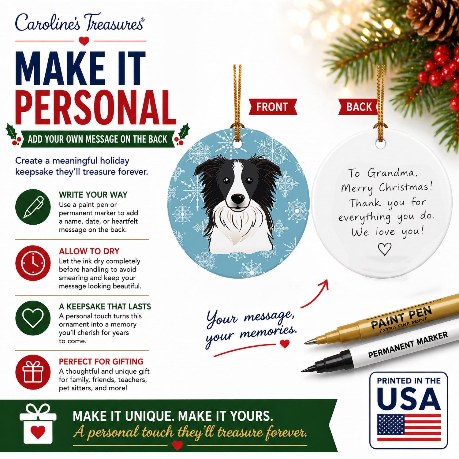Snowflake Border Collie Ceramic Ornament Christmas Tree Hanging Decorations for Home Christmas Holiday, Party, Gift, 3 in, Multicolor