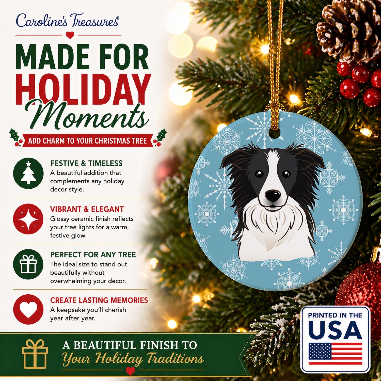 Snowflake Border Collie Ceramic Ornament Christmas Tree Hanging Decorations for Home Christmas Holiday, Party, Gift, 3 in, Multicolor