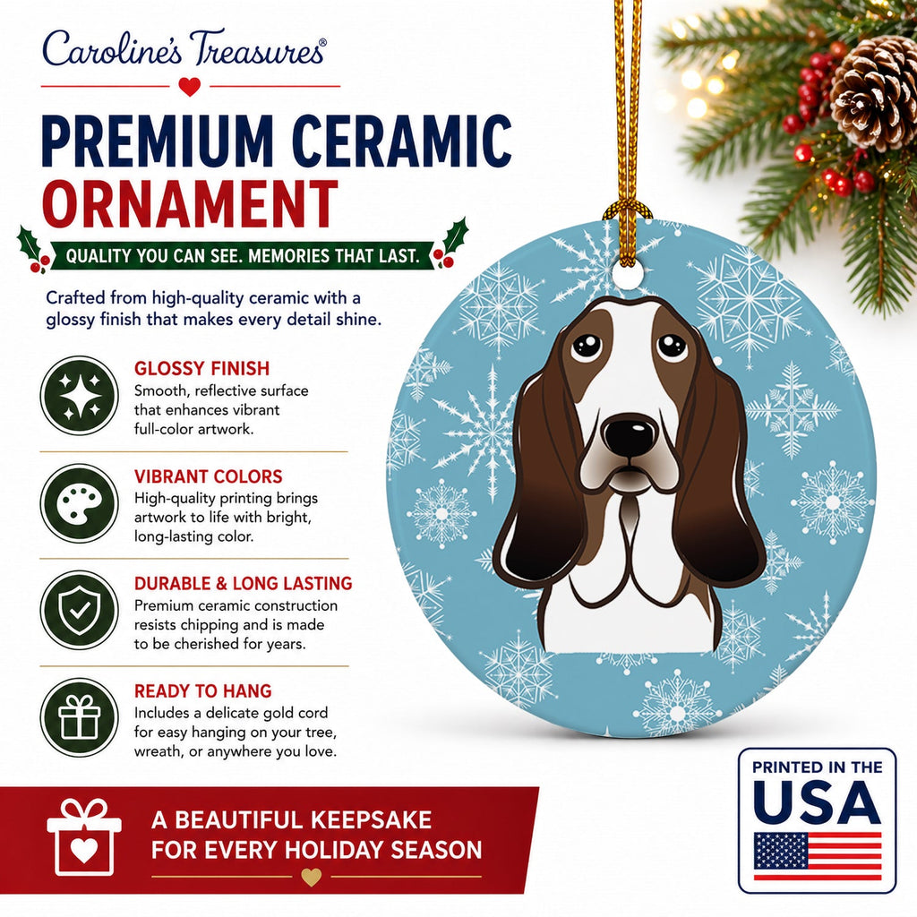 Snowflake Basset Hound Ceramic Ornament Christmas Tree Hanging Decorations for Home Christmas Holiday, Party, Gift, 3 in, Multicolor