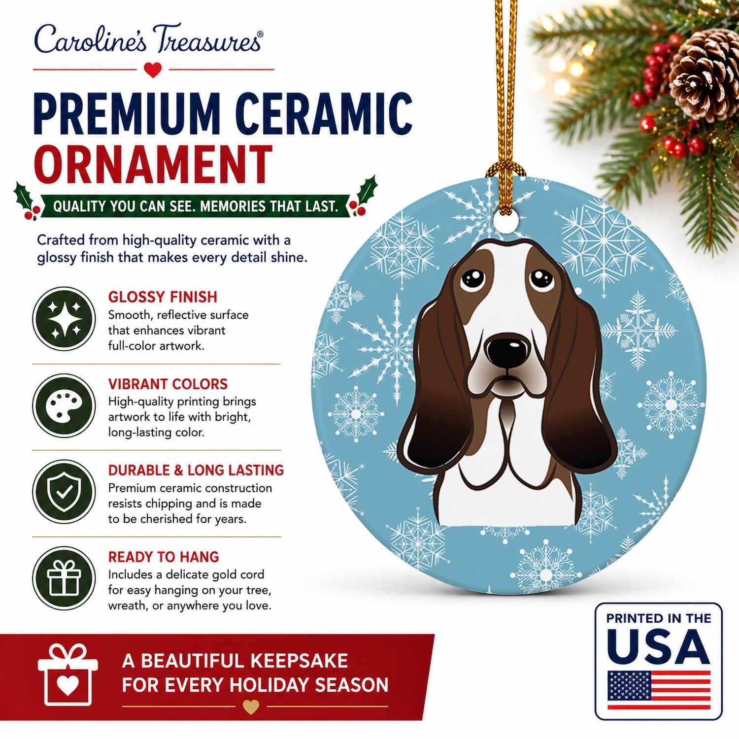 Snowflake Basset Hound Ceramic Ornament Christmas Tree Hanging Decorations for Home Christmas Holiday, Party, Gift, 3 in, Multicolor