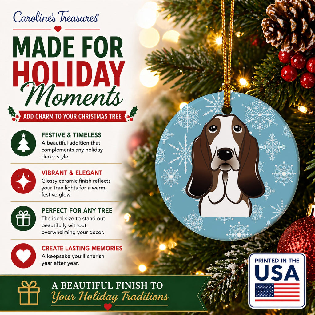 Snowflake Basset Hound Ceramic Ornament Christmas Tree Hanging Decorations for Home Christmas Holiday, Party, Gift, 3 in, Multicolor