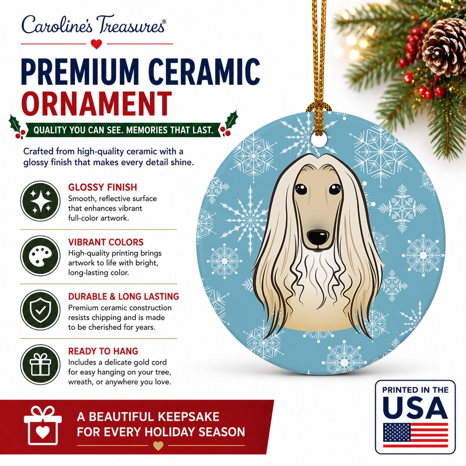 Snowflake Afghan Hound Ceramic Ornament Christmas Tree Hanging Decorations for Home Christmas Holiday, Party, Gift, 3 in, Multicolor