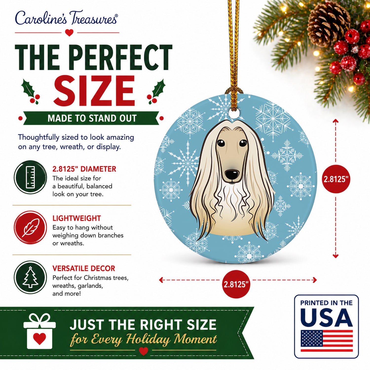 Snowflake Afghan Hound Ceramic Ornament Christmas Tree Hanging Decorations for Home Christmas Holiday, Party, Gift, 3 in, Multicolor