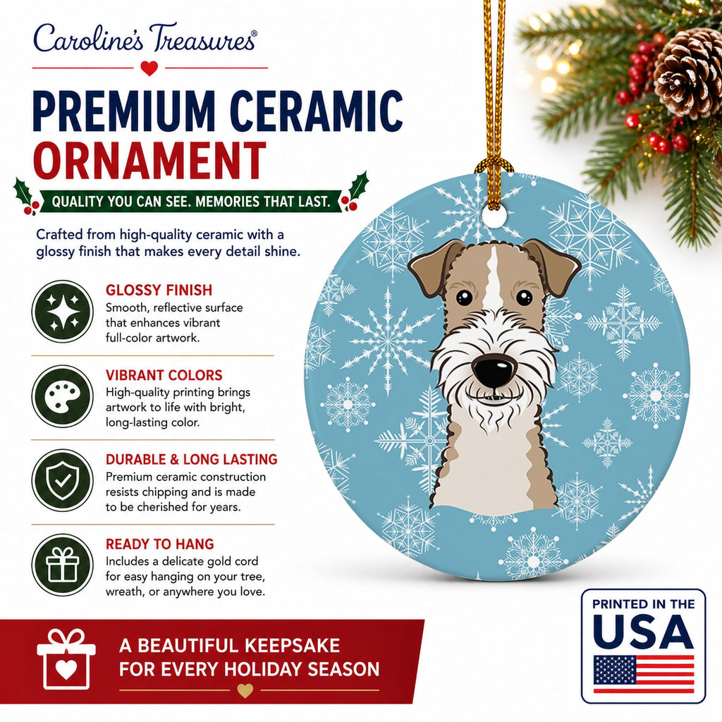 Snowflake Wire Haired Fox Terrier Ceramic Ornament Christmas Tree Hanging Decorations for Home Christmas Holiday, Party, Gift, 3 in, Multicolor