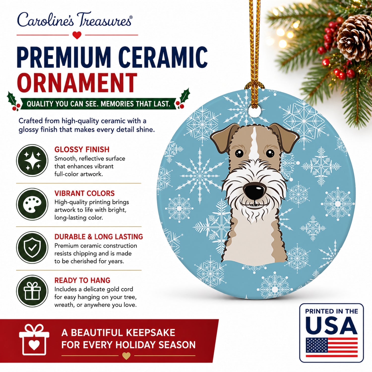 Snowflake Wire Haired Fox Terrier Ceramic Ornament Christmas Tree Hanging Decorations for Home Christmas Holiday, Party, Gift, 3 in, Multicolor