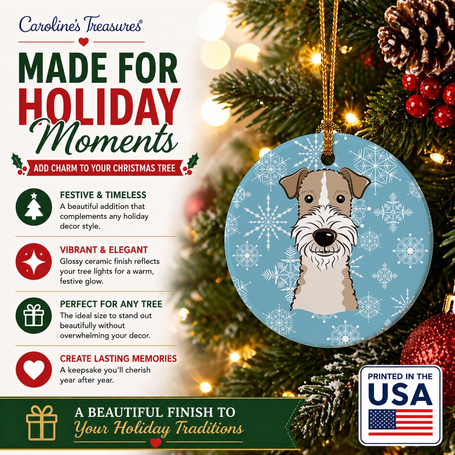 Snowflake Wire Haired Fox Terrier Ceramic Ornament Christmas Tree Hanging Decorations for Home Christmas Holiday, Party, Gift, 3 in, Multicolor