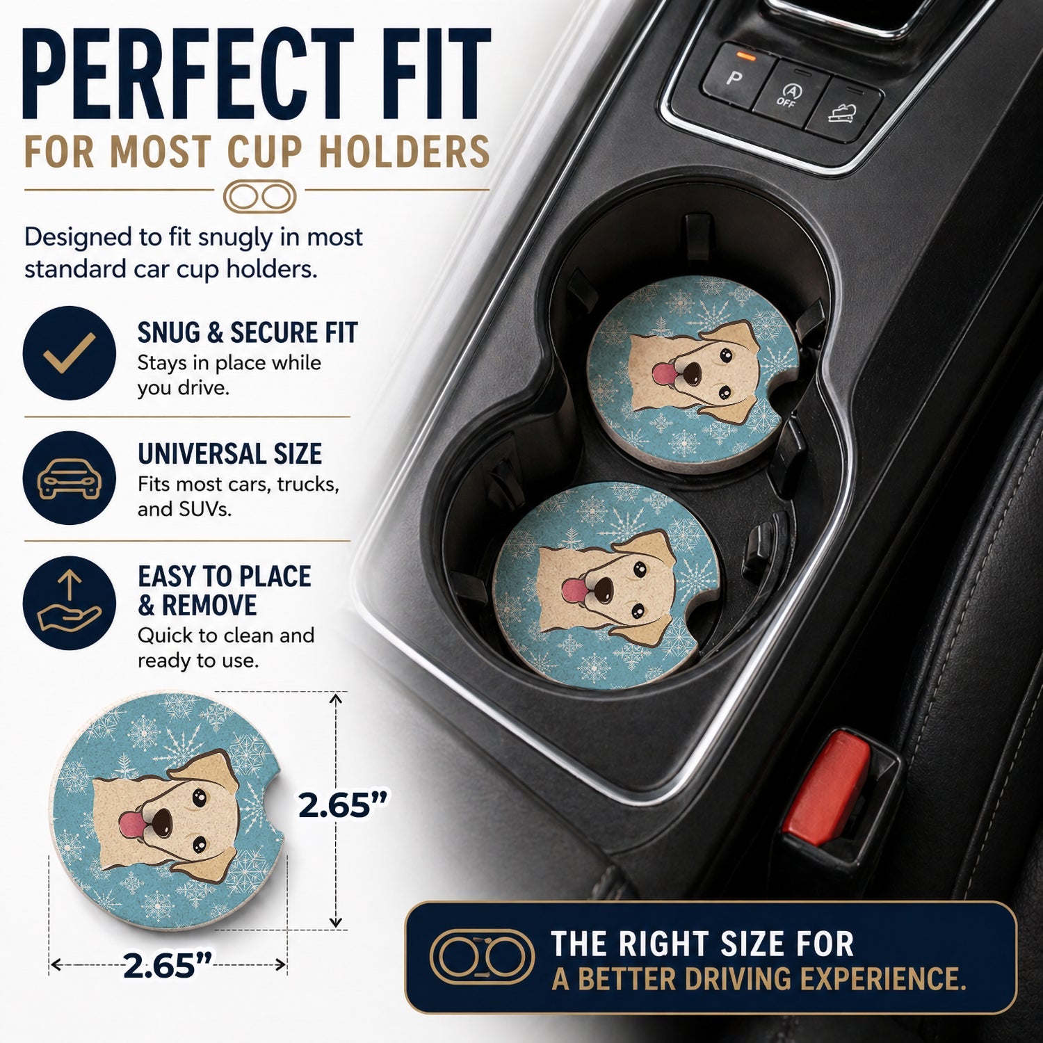 Snowflake Golden Retriever Set of 2 Cup Holder Car Coasters Absorbent Round Sandstone Coasters Gifts for Men or Women, 2.5, Multicolor