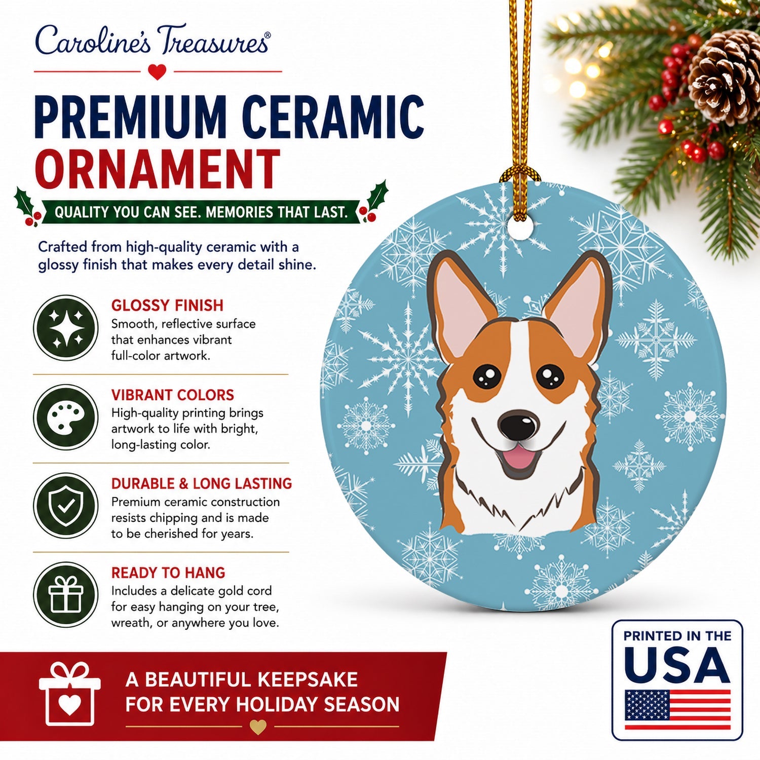 Snowflake Red Corgi Ceramic Ornament Christmas Tree Hanging Decorations for Home Christmas Holiday, Party, Gift, 3 in, Multicolor