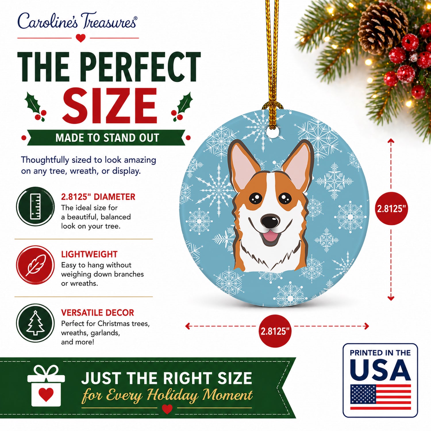 Snowflake Red Corgi Ceramic Ornament Christmas Tree Hanging Decorations for Home Christmas Holiday, Party, Gift, 3 in, Multicolor