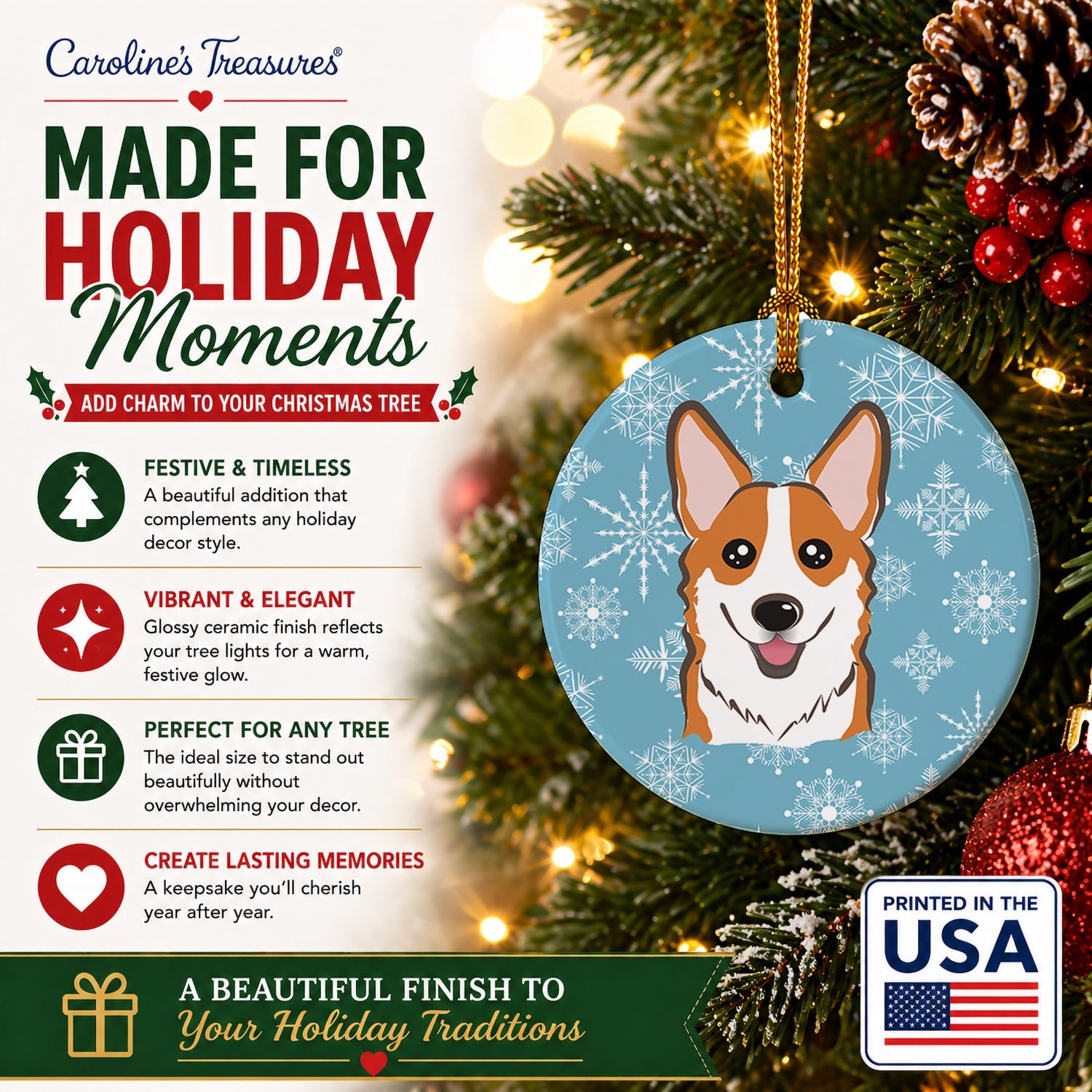Snowflake Red Corgi Ceramic Ornament Christmas Tree Hanging Decorations for Home Christmas Holiday, Party, Gift, 3 in, Multicolor