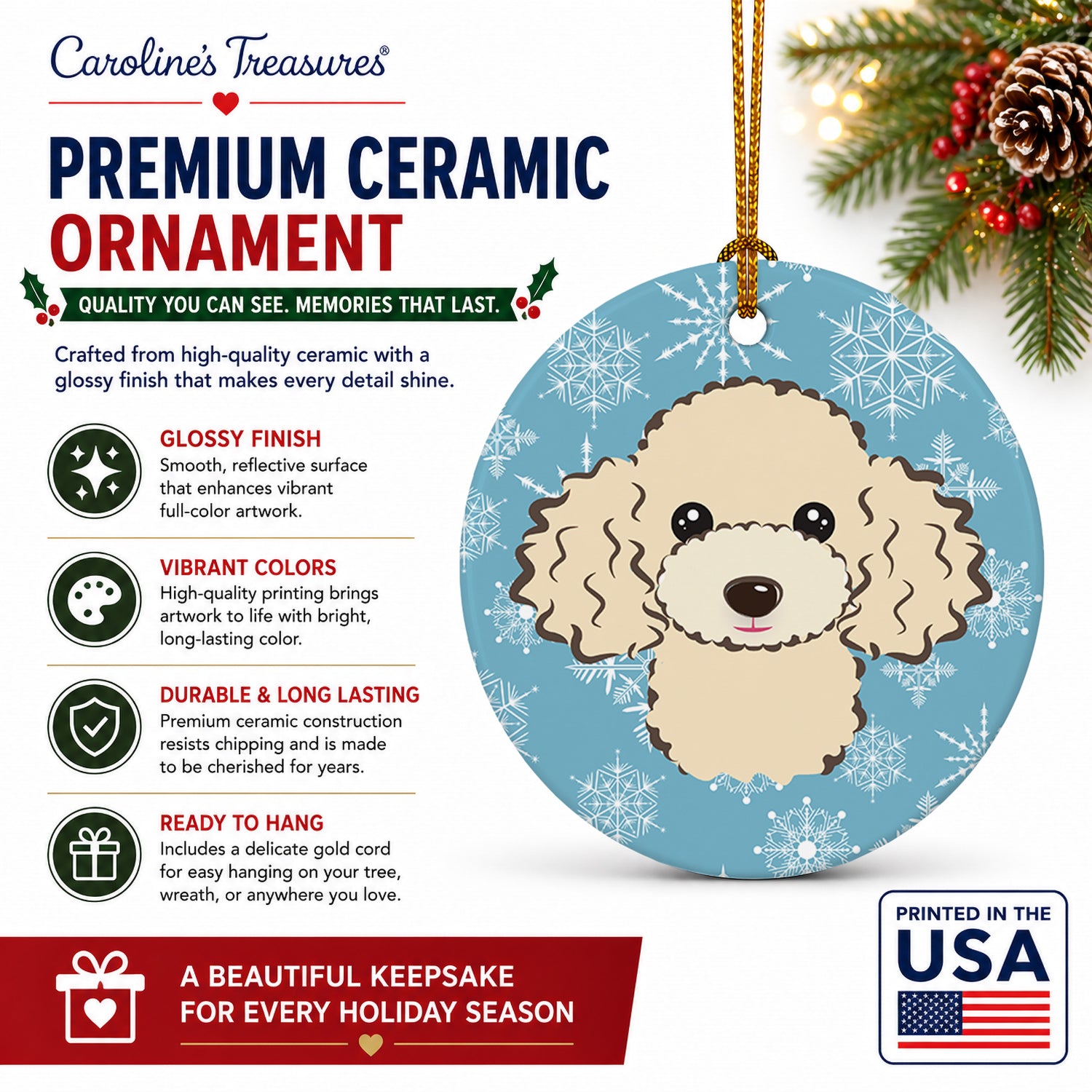 Snowflake Buff Poodle Ceramic Ornament Christmas Tree Hanging Decorations for Home Christmas Holiday, Party, Gift, 3 in, Multicolor